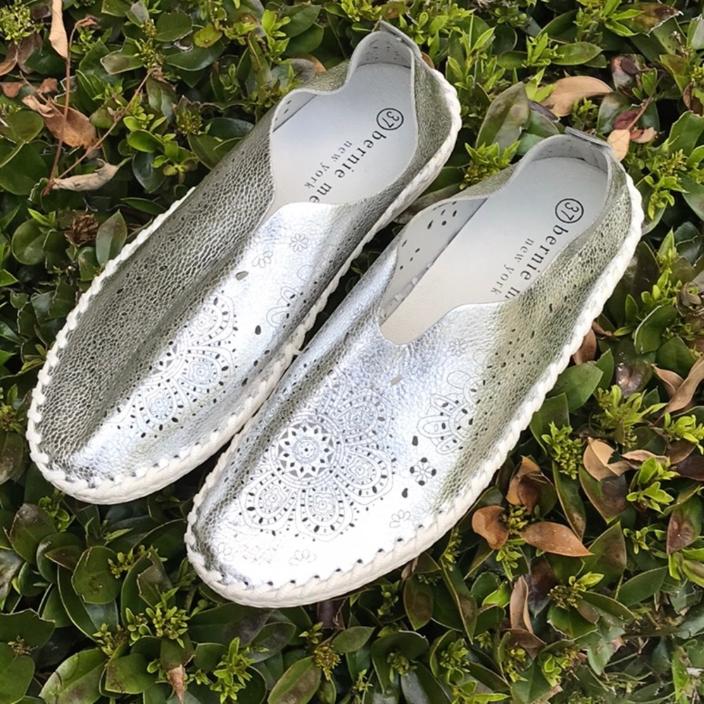 Beautiful pair of silver Bernie Mev lazar cut slip on!  Size 37.  Worn one time